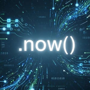 Könnte beinhalten: Eine digitale Grafik mit dem Text .now() in Weiß, zentriert vor einem dunkelblauen Hintergrund mit leuchtenden grünen und blauen Leiterbahnen, Datenknoten und rechteckigen Beschriftungen für /inbox, /archive, /press, /projects und /resources.
