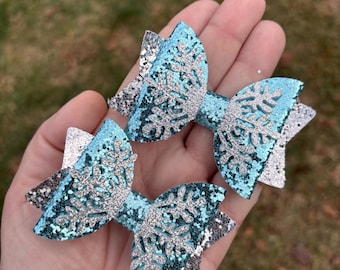 Frozen Snowflake Hair Bow Set | Small Blue Glitter Bows Girls | Winter Princess Snow Queen Hair Clips | Holiday Accessories | Set of 2