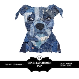 Könnte beinhalten: Illustration eines Denim-Patchwork-Welpen. Kopf und Brust des Hundes bestehen aus verschiedenen Blautönen aus Denim-Flicken. Der Hund hat dunkle Augen und eine schwarze Nase. Das Bild enthält den Text "Denim Patchwork Pup" und "Instant Download".