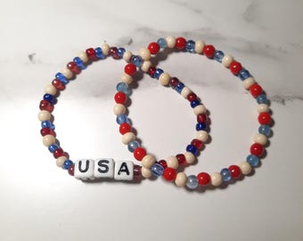 4th of July Beaded Bracelet, Red White Blue, Glass, Wood, & Plastic Beads
