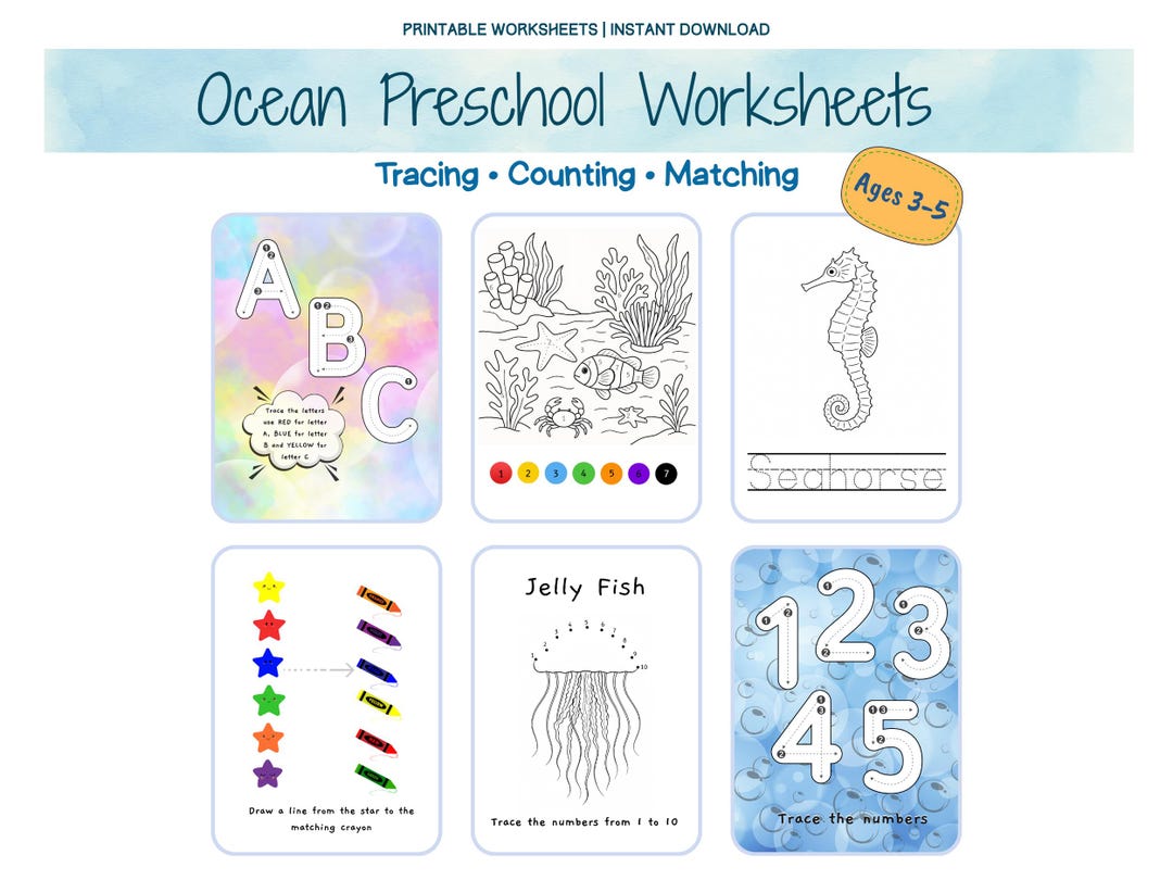 Ocean Preschool Worksheets Printable | 57 Pages Tracing Counting ...
