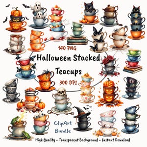 May include: A selection of Halloween-themed teacups stacked in different designs. The teacups feature pumpkins, ghosts, cats, spiders, and other spooky elements. The image includes the text "Halloween Stacked Teacups" and "ClipArt Bundle".