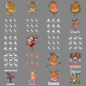 Può includere: Una collezione di illustrazioni stravaganti con renne in pose di balletto. Alcune renne indossano tutù e accessori festivi. Il testo include "Dancer", "North Pole" e nomi di renne.