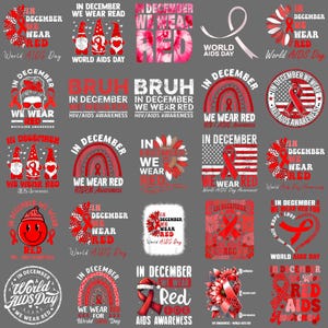 Pode incluir: Uma coleção de designs gráficos vermelhos e brancos com texto, incluindo frases como "Em dezembro vestimos vermelho" e "Dia Mundial da AIDS". Os designs apresentam fitas, gnomos e elementos florais, promovendo a conscientização sobre HIV/AIDS.