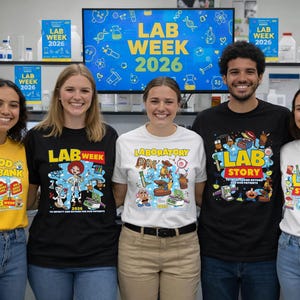 Puede incluir: Cinco personas con camisetas con gr&aacute;ficos y texto con tem&aacute;tica de laboratorio, incluyendo "LAB WEEK 2026" y "BLOOD BANK". Las camisetas son de varios colores, incluyendo amarillo, negro y blanco. Una pantalla en el fondo muestra "LAB WEEK 2026".