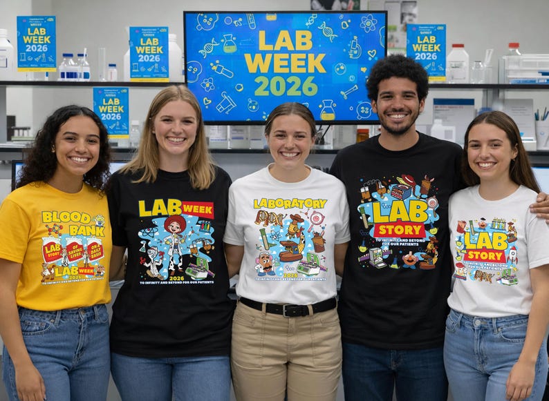 Puede incluir: Cinco personas con camisetas con gr&aacute;ficos y texto con tem&aacute;tica de laboratorio, incluyendo "LAB WEEK 2026" y "BLOOD BANK". Las camisetas son de varios colores, incluyendo amarillo, negro y blanco. Una pantalla en el fondo muestra "LAB WEEK 2026".