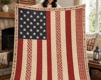 Retro American Flag Quilt Blanket, Patriotic Floral Patchwork Throw, Rustic Farmhouse Bedding, Vintage USA Quilt Decor ORENQB004