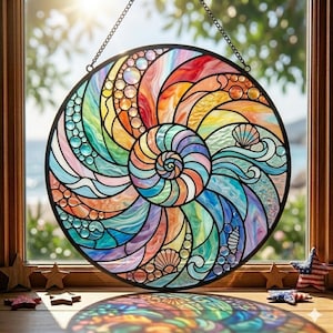 May include: A round, stained glass window hanging with a black metal frame. The design features a nautilus shell spiral in the center, surrounded by swirling waves of color including red, orange, yellow, green, blue, and purple. Seashells are also depicted.
