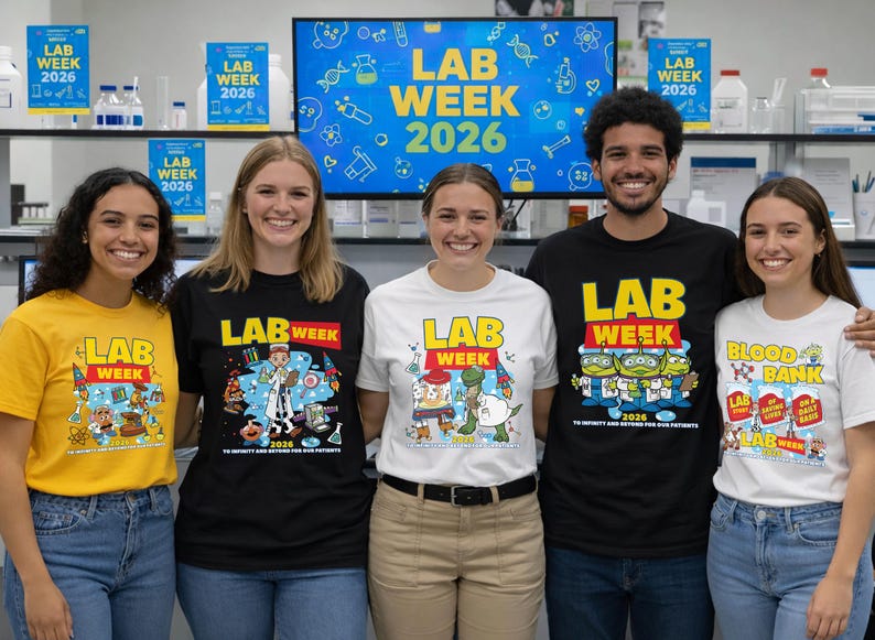 Puede incluir: Cinco personas con camisetas con el texto "LAB WEEK 2026" y gr&aacute;ficos de dibujos animados. Las camisetas son amarillas, negras y blancas. Una pantalla en el fondo tambi&eacute;n muestra "LAB WEEK 2026".