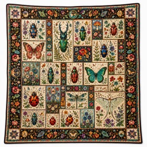 Vintage Insect Quilt Blanket, Butterfly and Beetle Garden Throw, Cottagecore Nature Bedding, Botanical Bug Lover Gift ORENQB048