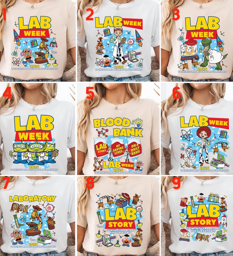Puede incluir: Una colecci&oacute;n de camisetas con varios dise&ntilde;os relacionados con temas de laboratorio. Las camisetas presentan personajes de dibujos animados, equipos de laboratorio y texto como "LAB WEEK", "LAB STORY" y "BLOOD BANK". Las camisetas son de colores neutros.