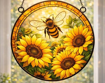 Bee Sunflower Suncatcher, Floral Bee Stained Glass Window Hanging, Rustic Farmhouse Sun Catcher Nature Gift UARENSC14