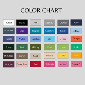 Puede incluir: Una carta de colores con una variedad de muestras de colores, cada una etiquetada con un nombre de color. Los colores incluyen blanco, negro, azul marino, naranja y muchos tonos de verde, azul y morado. El texto "COLOR CHART" est&aacute; en la parte superior.