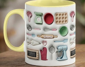 Personalized Bakery Accessories Ceramic Cup, Love Baking Accent Mug, Baking Lover Two Tone Coffee Mug, Gift for Baker, Bakery Store Gift