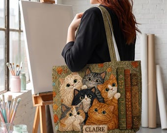 Gepersonaliseerde draagtas katten, aangepaste naam kattenliefhebber cadeau, schattige kattenboekentas, gedrukte gewatteerde tas met effect, cadeau voor kattenmoeder BP-71