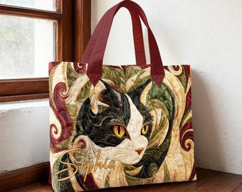 Katzenliebhaber gesteppte Einkaufstasche, gesteppte Tasche für Katzenliebhaber, Tasche für Katzenmütter, Katzenquilt-Einkaufstasche, Katzenmuttergeschenk, Tierliebhabergeschenk, Katzengesichttasche