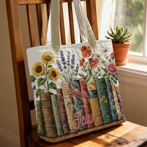 Personalisierte Buch Tragetasche, Benutzerdefinierte Name Buch-Liebhaber-Geschenk, Vintage Bücher & Blumen Tote, Bibliothekar Geschenktasche, Leseliebhaber Tragetasche Bild 2