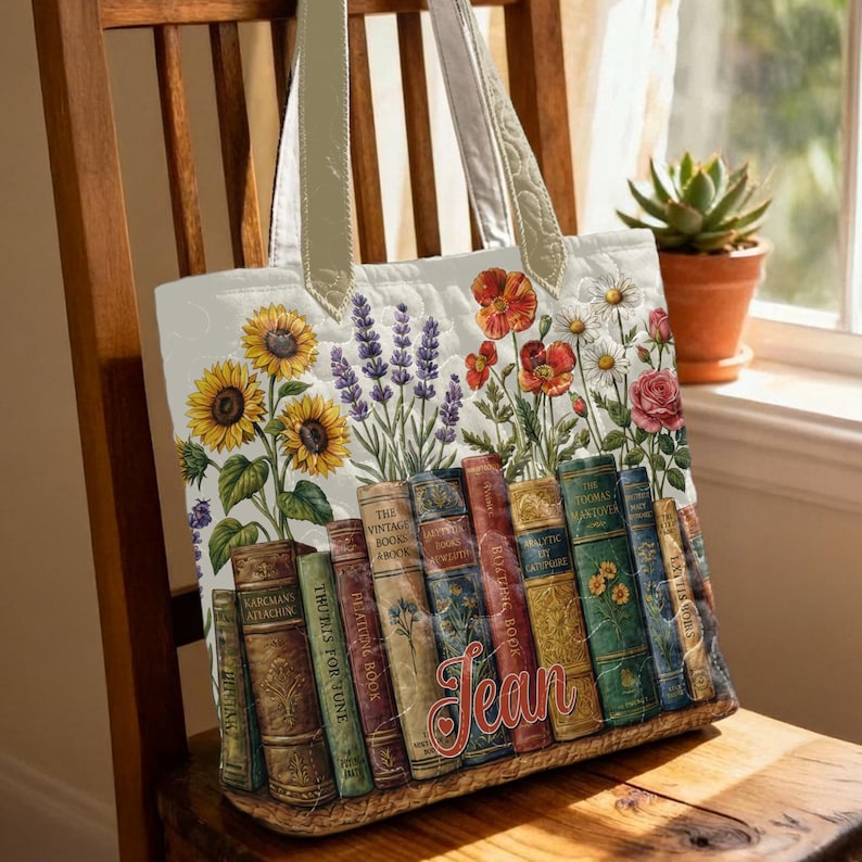 Personalisierte Buch Tragetasche, Benutzerdefinierte Name Buch-Liebhaber-Geschenk, Vintage Bücher & Blumen Tote, Bibliothekar Geschenktasche, Leseliebhaber Tragetasche Bild 2