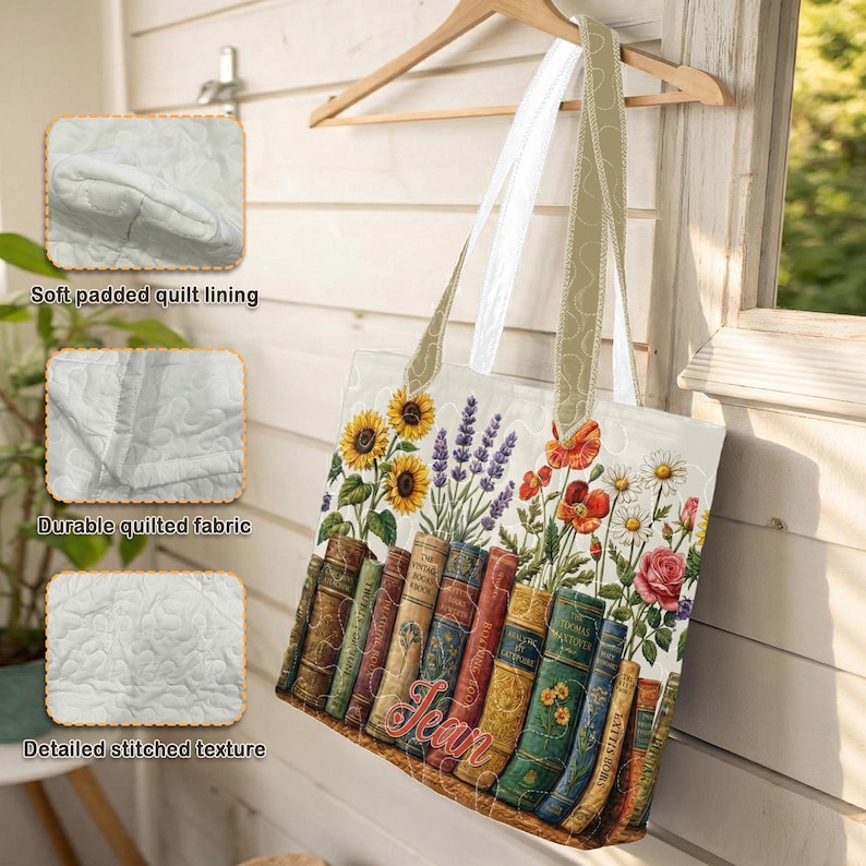 Personalisierte Buch Tragetasche, Benutzerdefinierte Name Buch-Liebhaber-Geschenk, Vintage Bücher & Blumen Tote, Bibliothekar Geschenktasche, Leseliebhaber Tragetasche Bild 4