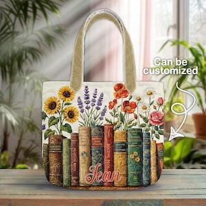 Personalisierte Buch Tragetasche, Benutzerdefinierte Name Buch-Liebhaber-Geschenk, Vintage Bücher & Blumen Tote, Bibliothekar Geschenktasche, Leseliebhaber Tragetasche Bild 3