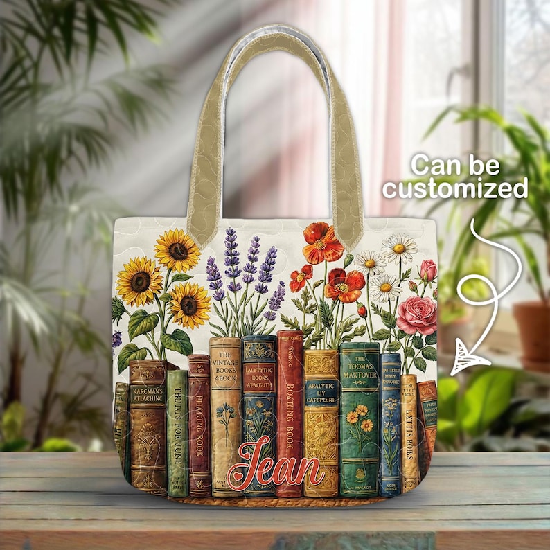 Personalisierte Buch Tragetasche, Benutzerdefinierte Name Buch-Liebhaber-Geschenk, Vintage Bücher & Blumen Tote, Bibliothekar Geschenktasche, Leseliebhaber Tragetasche Bild 3