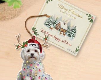 Personalized Maltese Christmas Ornament with Name, Custom Dog Lover Gift, Festive Light Wrapped Maltese Holiday Decor, Pet Xmas Keepsake
