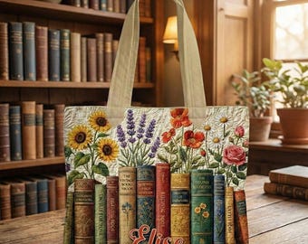 Personalized Book Tote Bag, Custom Name Book Lover Gift, Vintage Books & Flowers Tote, Librarian Gift Bag, Reading Lover Tote Bag
