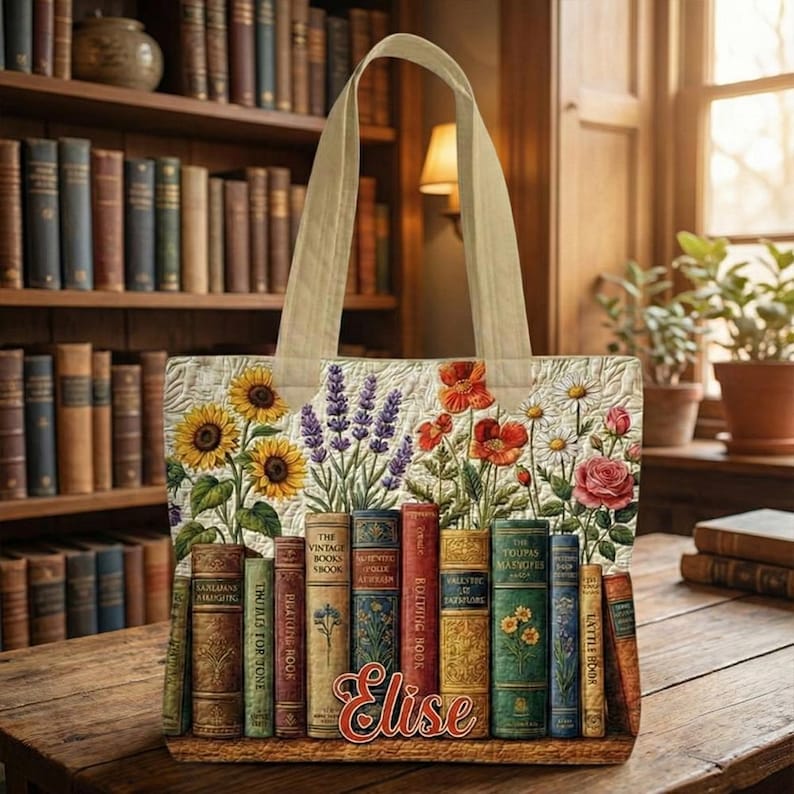 K&ouml;nnte beinhalten: Eine beigefarbene Tragetasche mit einem Blumendesign mit Sonnenblumen, Lavendel und Mohnblumen. Der Boden der Tasche zeigt eine Reihe alter B&uuml;cher. Der Name "Elise" ist in Kursivschrift auf der Tasche geschrieben.