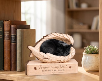Personalized Black Cat Memorial Angel Wings Wood Block, Custom Pet Portrait Plaque, Pet Loss Sympathy Keepsake Gift Cat Lovers BP-130