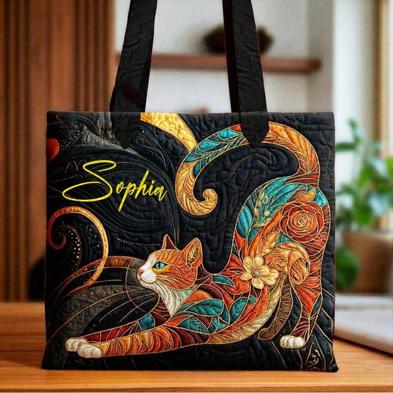 Personalized Cat Tote Bag, Quilted Cat Bag, Custom Name Gift for Cat Lovers, Colorful Cat Art Bag, Pet Lover Tote
