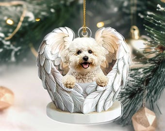 Bichon Frise Christmas Ornament with Angel Wings – Personalized Dog Gift, Pet Memorial Tribute, Holiday Tree Decoration