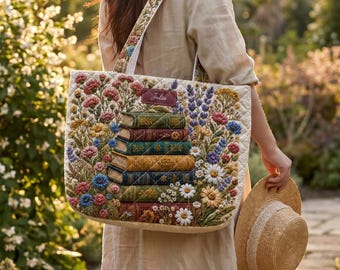 Gepersonaliseerde boekenliefhebber gewatteerde draagtas, bibliotheektas met aangepaste naam bloemen, lezerscadeau voor vrouwen, vintage boekentas voor bibliothecaris BP-56