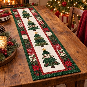 May include: A rectangular quilted table runner featuring a central white panel with four appliqued green Christmas trees topped with gold stars. The border consists of patchwork squares in red, green, and white patterns including poinsettias and snowflakes.
