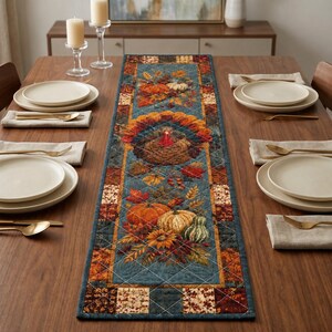 May include: A rectangular quilted table runner featuring a central blue panel with a turkey, pumpkins, and autumn leaves. The border consists of a patchwork pattern in shades of brown, orange, and gold. The runner is centered on a wooden table.
