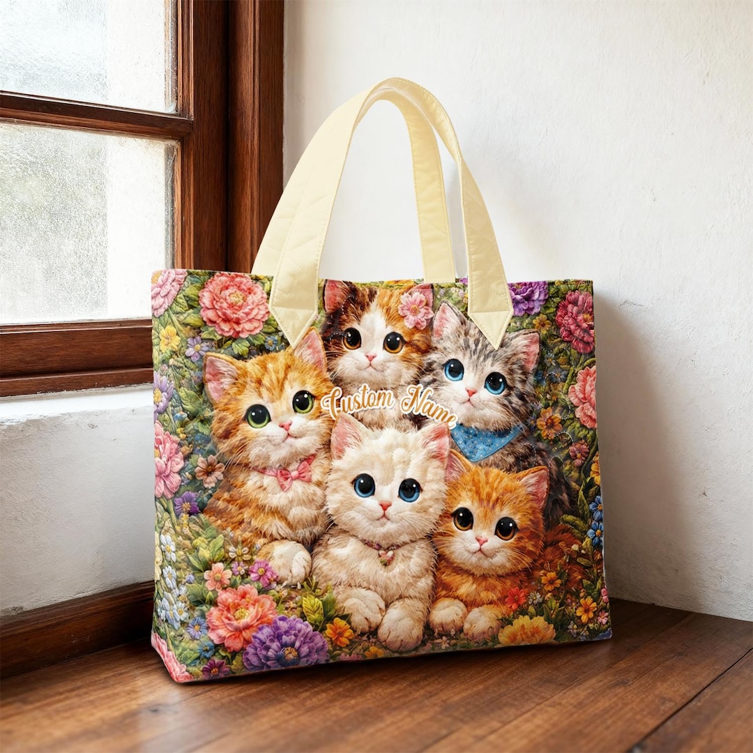Personalized Cat Tote Bag With Custom Name, Cute Kitten Illustration ... - Personalized Cat Carrying Bags