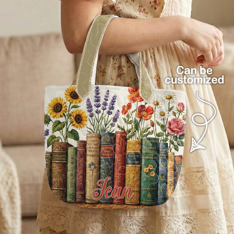 Personalisierte Buch Tragetasche, Benutzerdefinierte Name Buch-Liebhaber-Geschenk, Vintage Bücher & Blumen Tote, Bibliothekar Geschenktasche, Leseliebhaber Tragetasche Bild 5