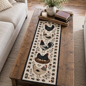 May include: A rectangular quilted table runner featuring a cream-colored background with a repeating border of small black stars. The center displays five distinct illustrations of chickens and a hen sitting on a nest, accented by small floral motifs.