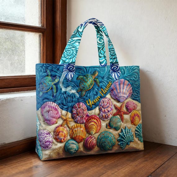 Custom Seashell Tote Bag with Sea Turtles, Personalized Beach Tote for Women, Ocean Theme Handbag, Coastal Summer Bag, Gift for Beach Lovers