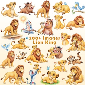 Pode incluir: Uma coleção de ilustrações digitais com personagens de O Rei Leão, incluindo leões, um javali, um suricato, um mandril e um pássaro azul. O texto 200+ Images Lion King está centralizado entre as várias figuras coloridas de desenhos.