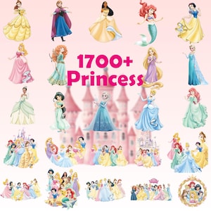 May include: A collection of digital illustrations featuring various animated princesses in colorful gowns, with the text 1700+ Princess displayed in bold pink font. The images include individual characters and group arrangements of figures in diverse poses.