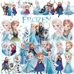 Op de afbeelding: Een verzameling digitale illustraties met personages uit de film Frozen, waaronder Elsa, Anna, Olaf, Kristoff en Sven. De personages zijn afgebeeld in verschillende houdingen en outfits, met het woord FROZEN in het midden.