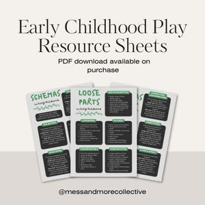 May include: A set of white resource sheets with black text and green accents. The sheets are titled "Early Childhood Play Resource Sheets" and include topics like "Schemes" and "Loose Parts". The text "PDF download available on purchase" is also visible.