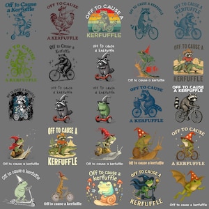 Könnte beinhalten: Eine Sammlung skurriler Illustrationen mit verschiedenen Tieren, darunter Waschbären, Frösche und ein Hahn, die Aktivitäten wie Fahrradfahren, Rollerfahren und Schneckenreiten nachgehen. Jedes Design enthält den Satz "Off to Cause a Kerfuffle" vor einem grauen Hintergrund.