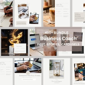 May include: A collection of digital marketing templates for business coaches. The image features various mockups of social media posts, stories, and carousels. The templates include text overlays with phrases like "Get to Know Me" and "Experience the Full Funnel."