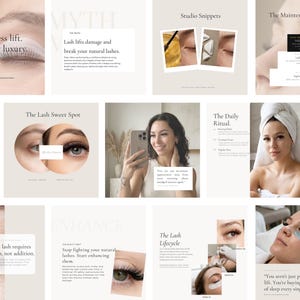 May include: A collage of images related to eyelash extensions. The images include close-ups of eyes with and without lashes, text about lash care, and a woman holding a phone. Text includes "Effortless lift. Everyday luxury."