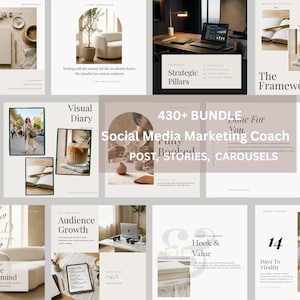 May include: A digital bundle of 430+ social media marketing templates for posts, stories, and carousels. The collection features a neutral color palette with beige, white, and black text overlays, showcasing various business and lifestyle imagery.
