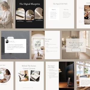 May include: A collection of digital marketing templates featuring neutral beige and black tones. The layouts include text headers like The Digital Blueprint, Student Success, and The Asset Sweet Spot, alongside imagery of office workspaces, laptops, and professional settings.