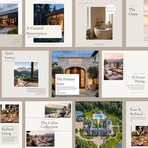 May include: A grid of twelve square social media templates featuring various luxury real estate photography, including modern cabins, coastal views, stone architecture, and interior dining spaces, all overlaid with elegant typography and descriptive text.