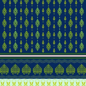 May include: A patterned textile design featuring a dark blue background with repeating green and yellow floral motifs. A pink and white stripe separates the top portion from a lower section with a similar design. The bottom has a light green border.
