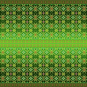 May include: Green textile with a repeating geometric pattern. The design features diamond and square shapes in shades of green, yellow, and orange. The pattern is symmetrical and covers the entire surface.